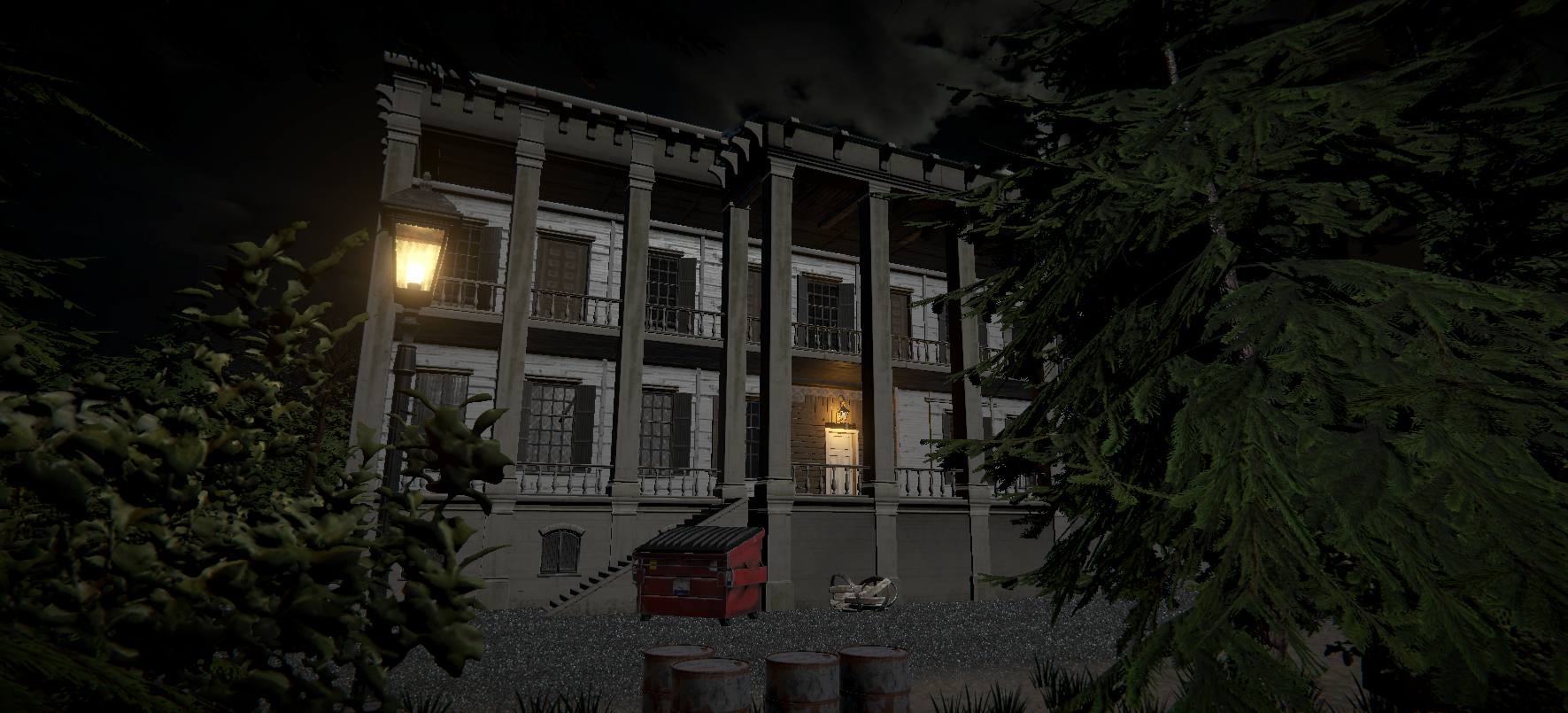 A hauntingly dark room with dim lighting and eerie atmosphere