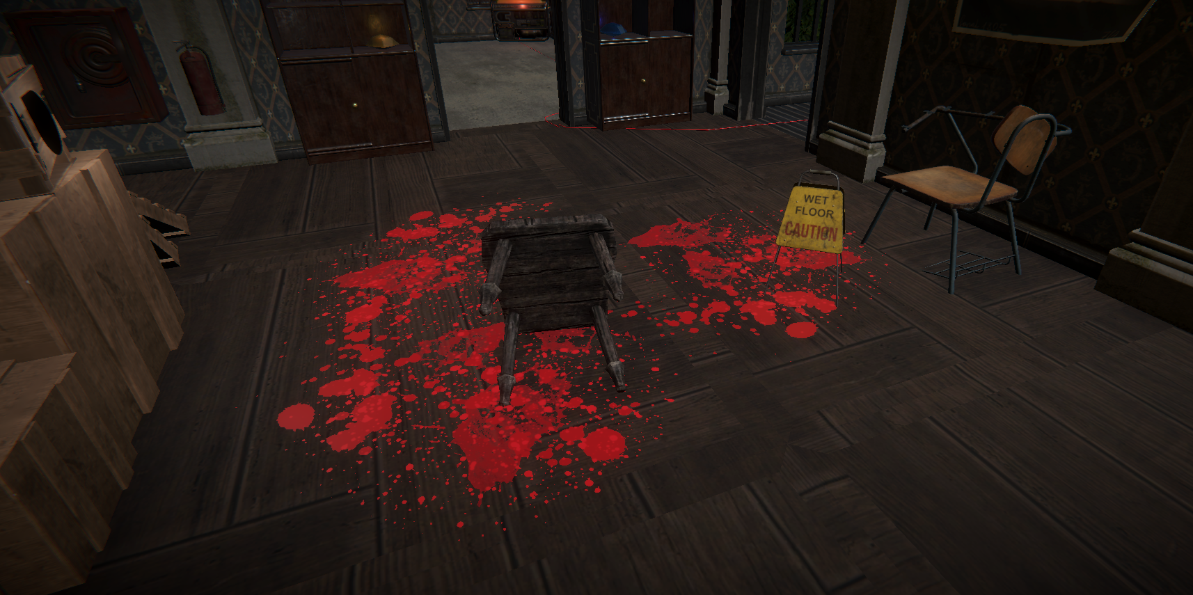 A hauntingly dark room with dim lighting and eerie atmosphere