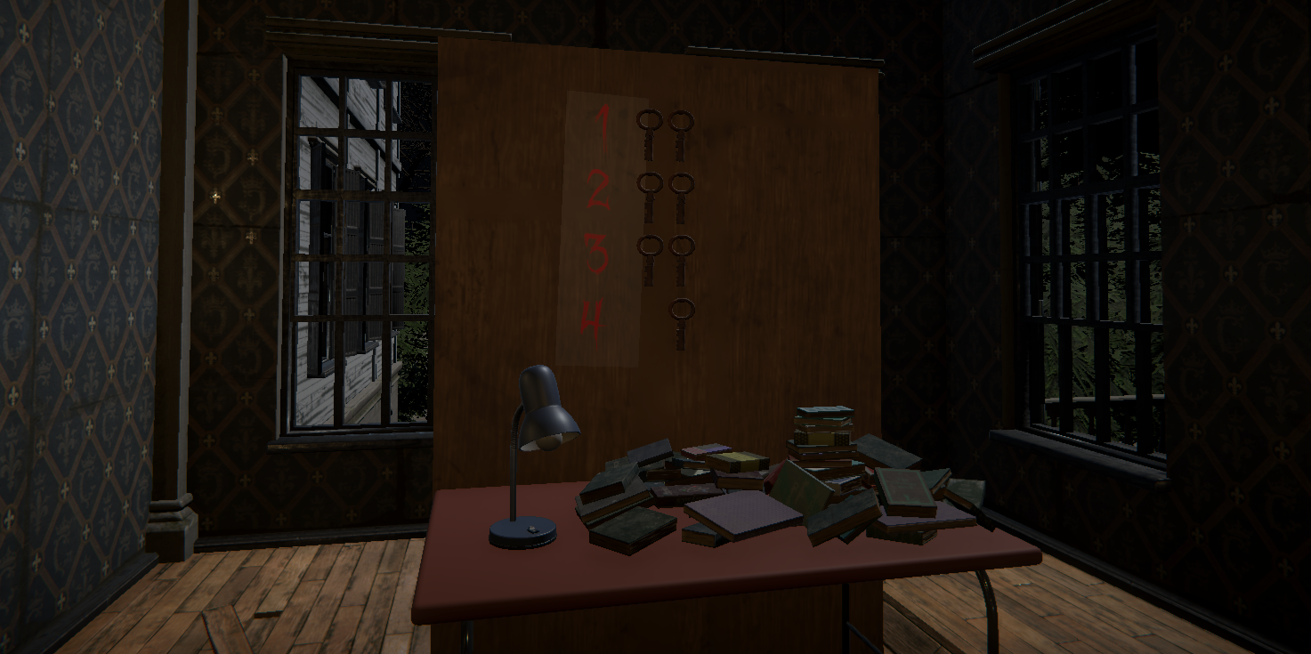 A hauntingly dark room with dim lighting and eerie atmosphere