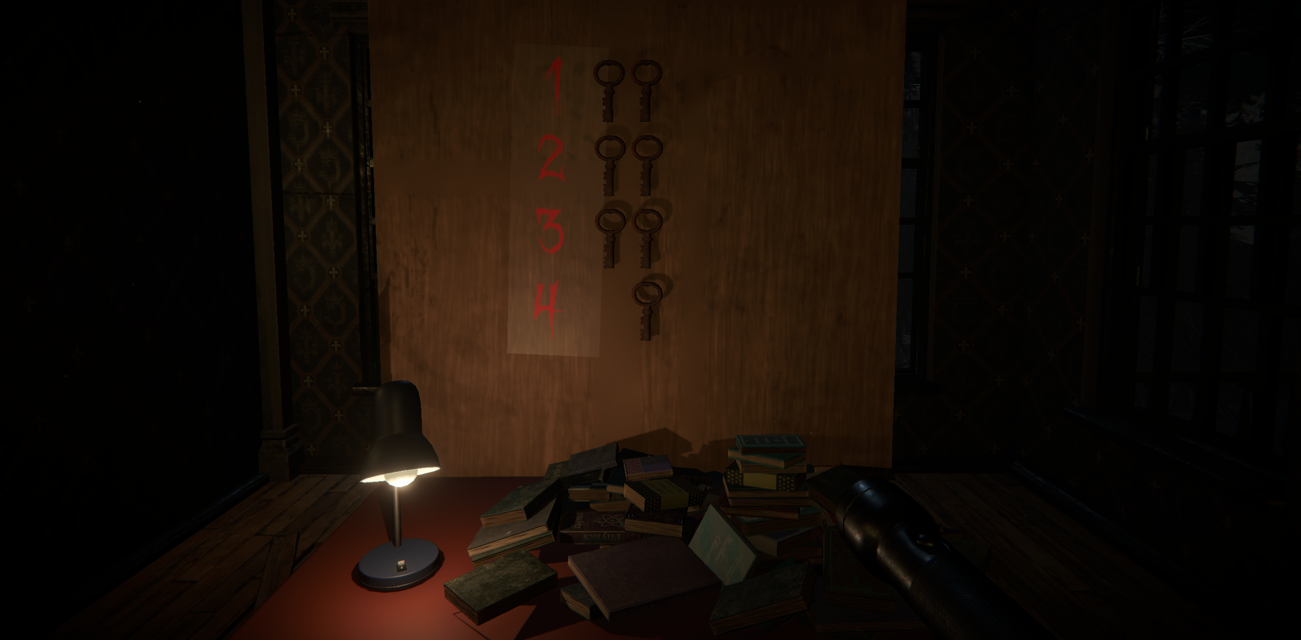 A hauntingly dark room with dim lighting and eerie atmosphere